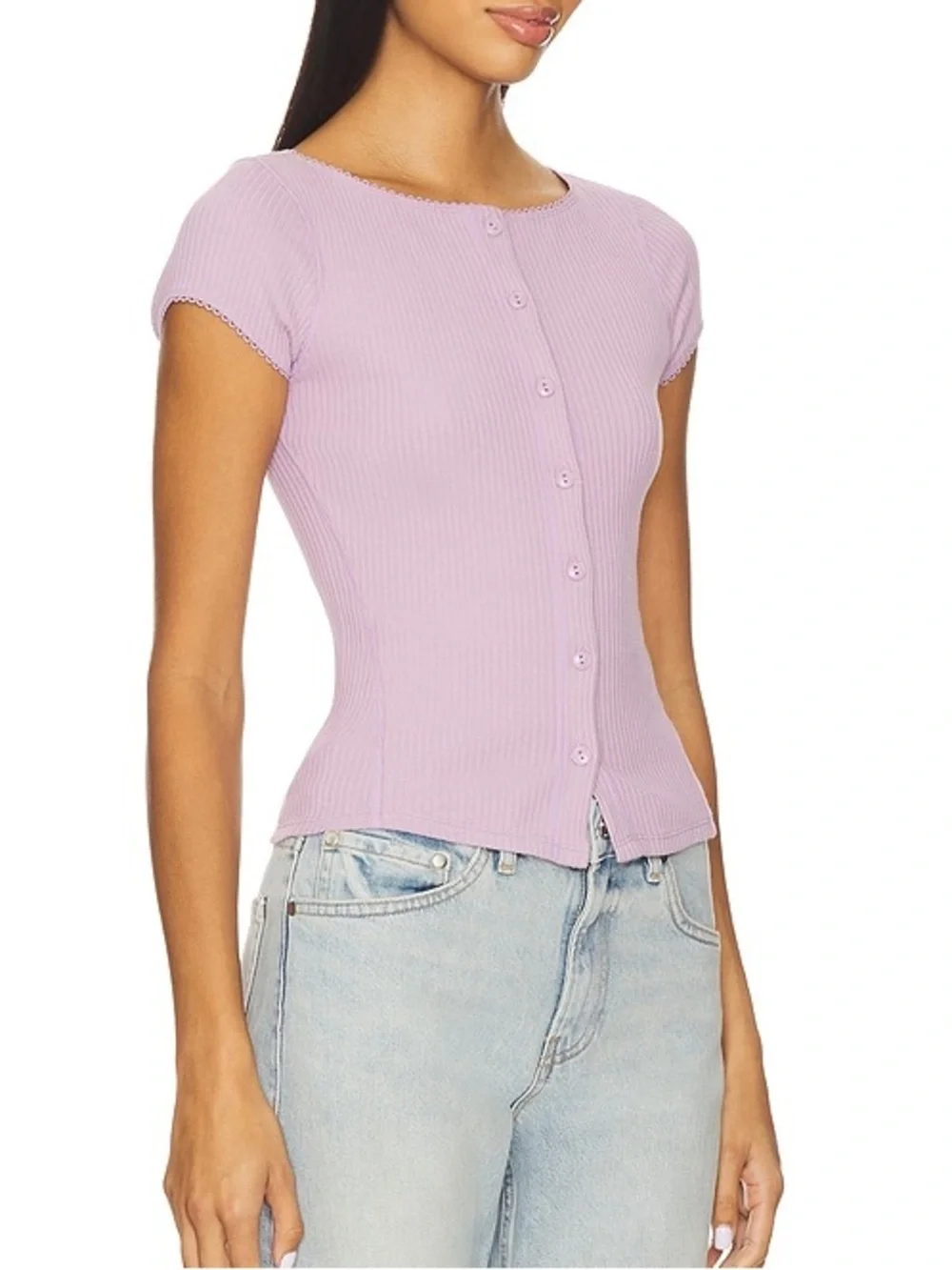 FREE PEOPLE Most Wanted CardI Lavender Lilac Ribbed Button-Front Cap Sleeve Top